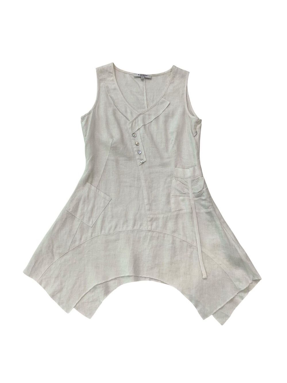 Linen tunic/dress/top ecru natural white Vitrin design asymmetric sleeveless sma - Picture 4 of 15